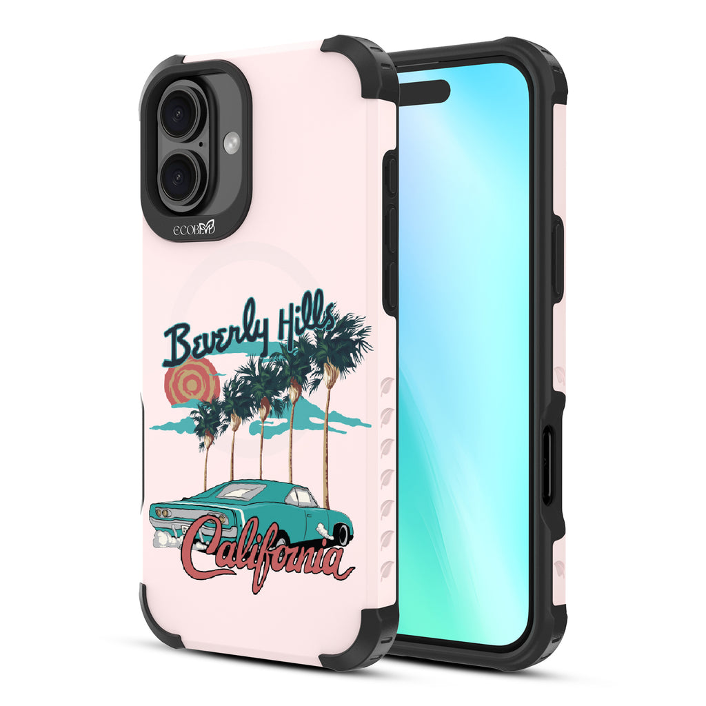 Front and back view of iPhone 16 Plus case, rugged, sustainable phone case in pink, 90210 design