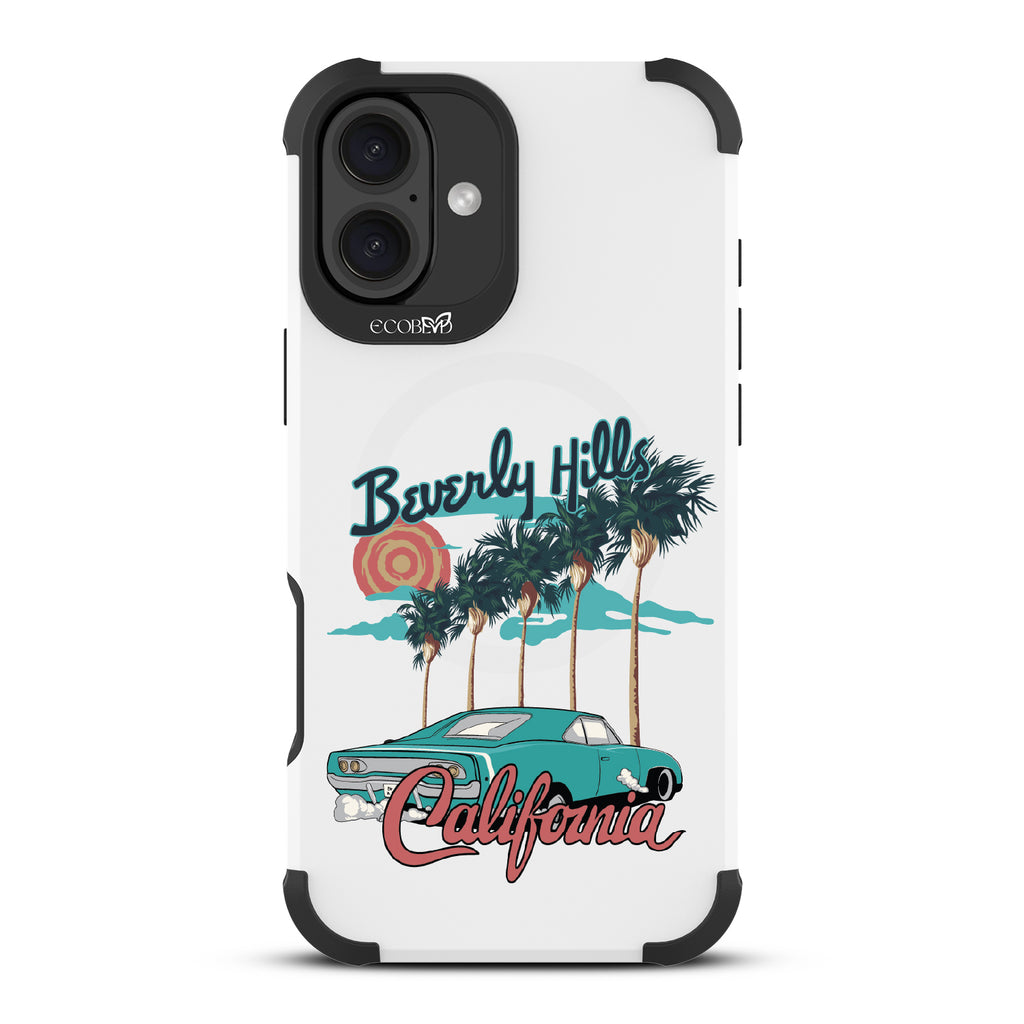 iPhone 16 Plus case, rugged, sustainable phone case in white, back view, 90210 design