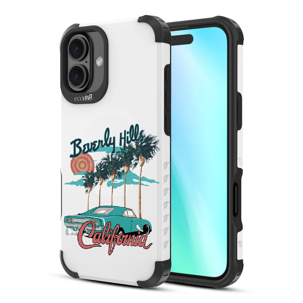 Front and back view of iPhone 16 case, rugged, sustainable phone case in white, 90210 design