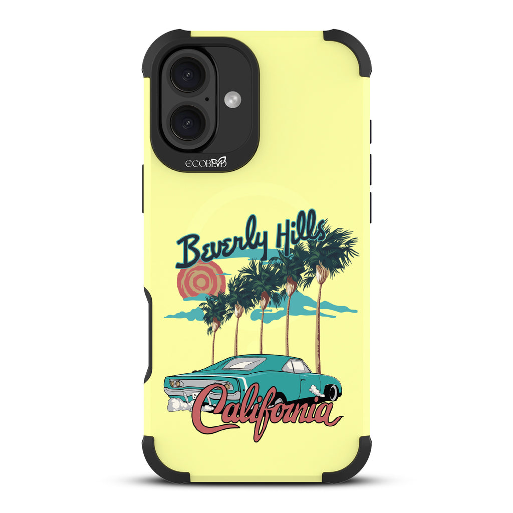 iPhone 16 Plus case, rugged, sustainable phone case in yellow, back view, 90210 design