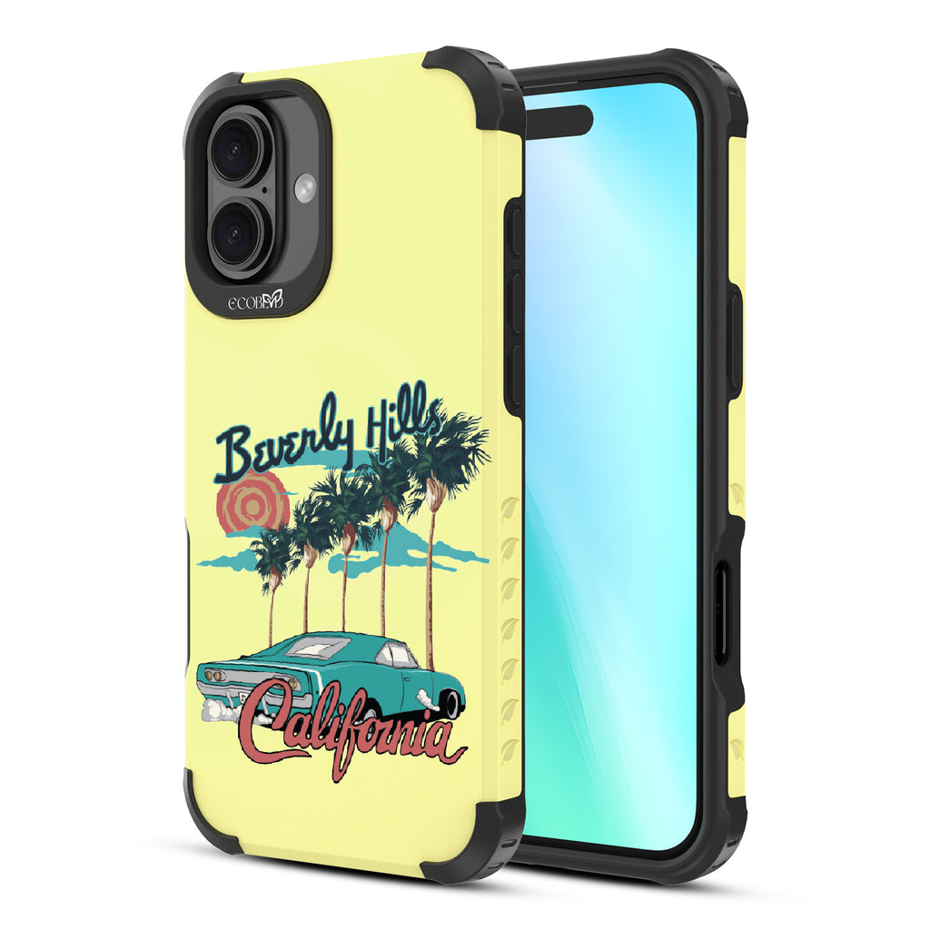 Front and back view of iPhone 16 Plus case, rugged, sustainable phone case in yellow, 90210 design