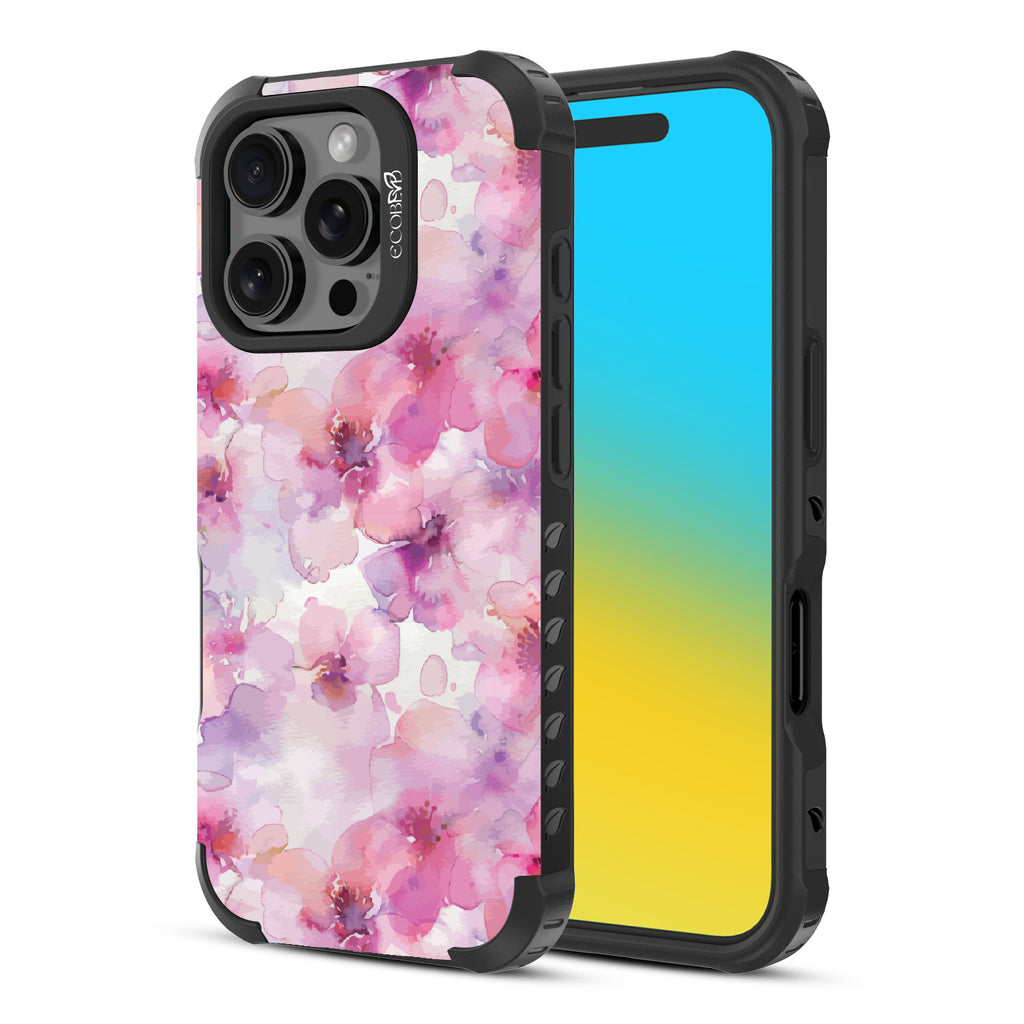 Front and back view of iPhone 16 Pro case, rugged compostable phone case in black, Rose Water design