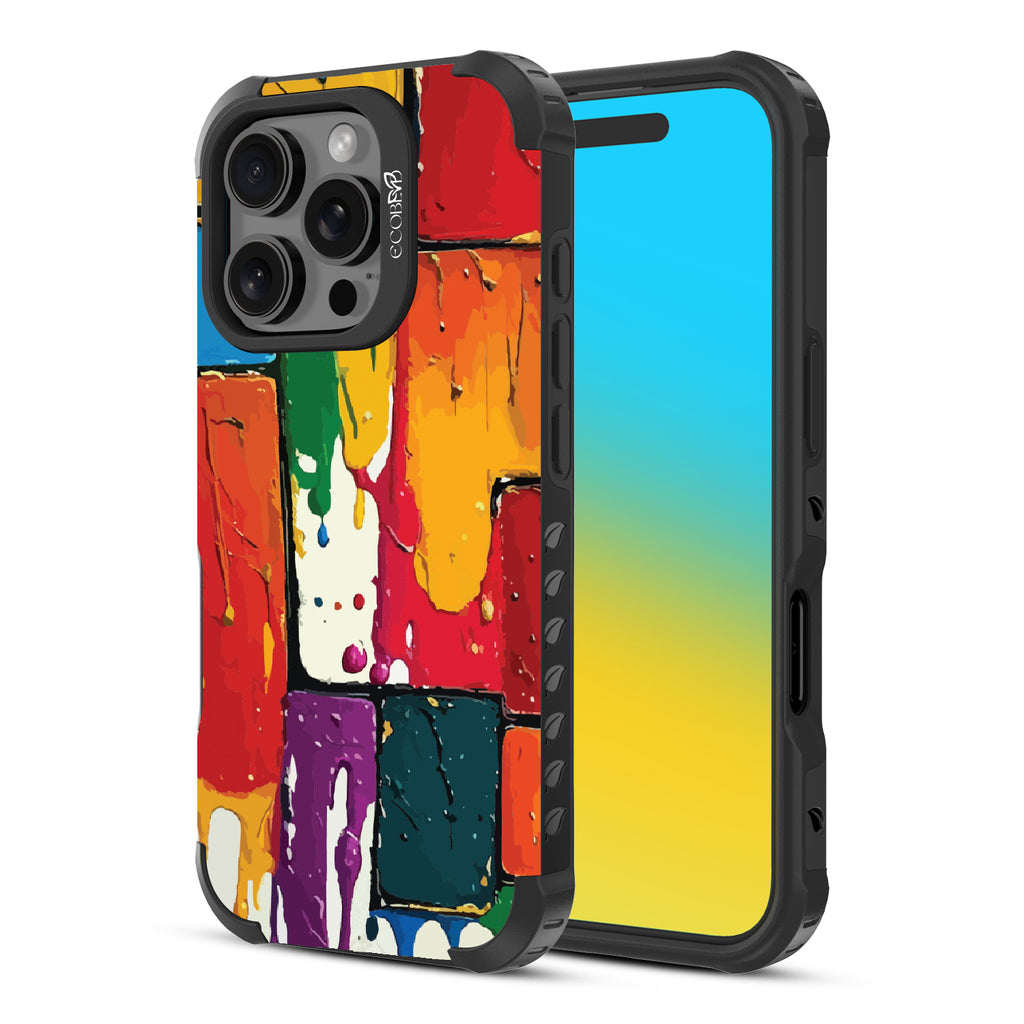 Front and back view of iPhone 16 Pro case, rugged, sustainable phone case in black, Color Me Mine design