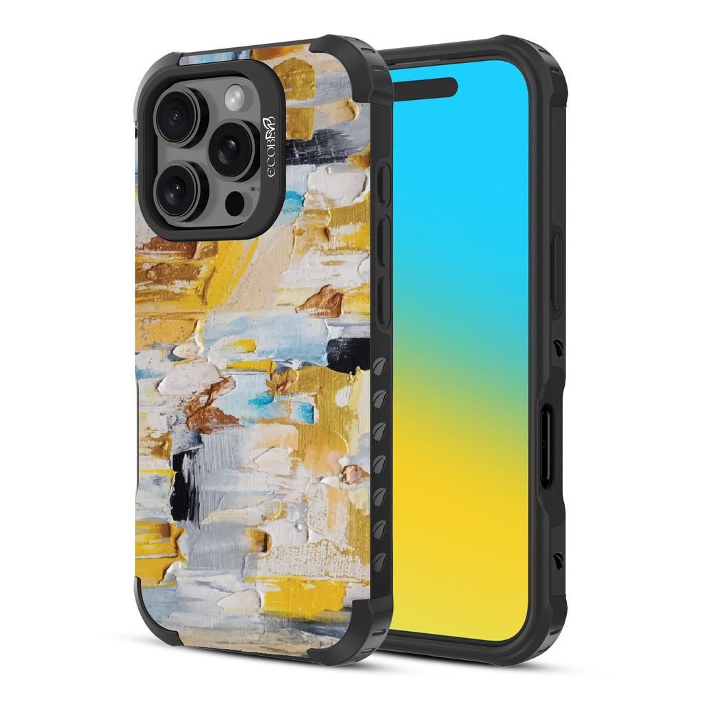 Front and back view of iPhone 16 Pro case, rugged, sustainable phone case in black, Lighten Up design