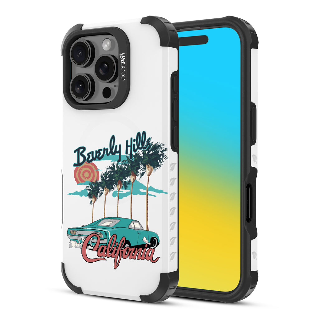 Front and back view of iPhone 16 Pro case, rugged, sustainable phone case in white, 90210 design