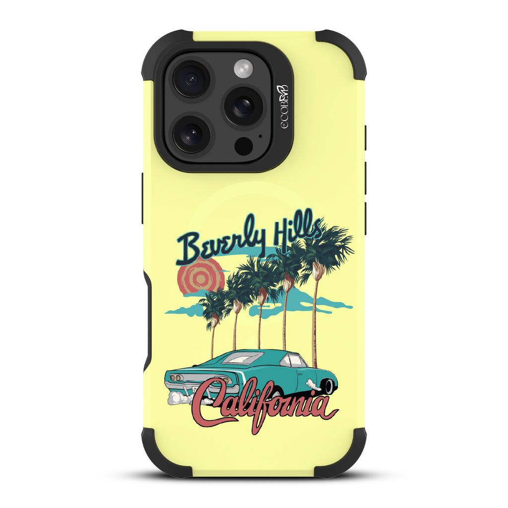 iPhone 16 Pro case, rugged, sustainable phone case in yellow, back view, 90210 design
