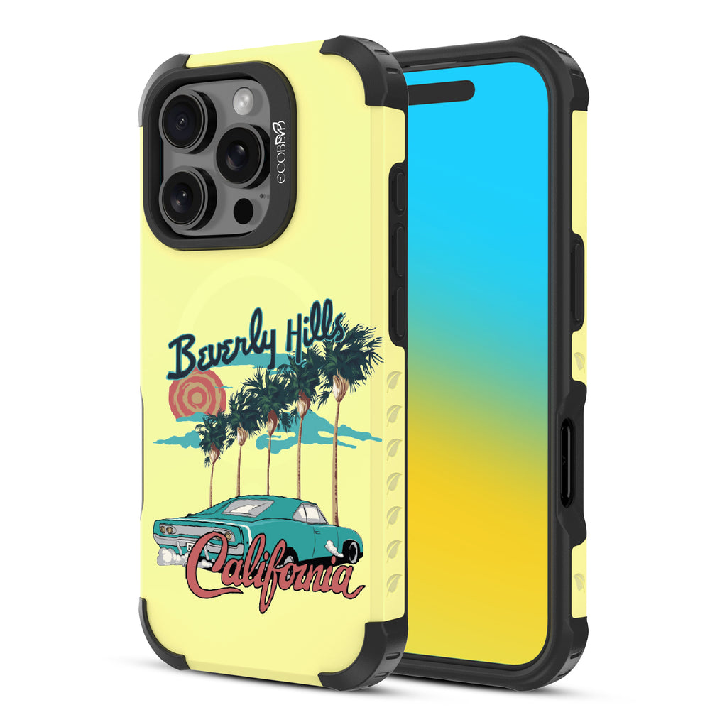 Front and back view of iPhone 16 Pro case, rugged, sustainable phone case in yellow, 90210 design