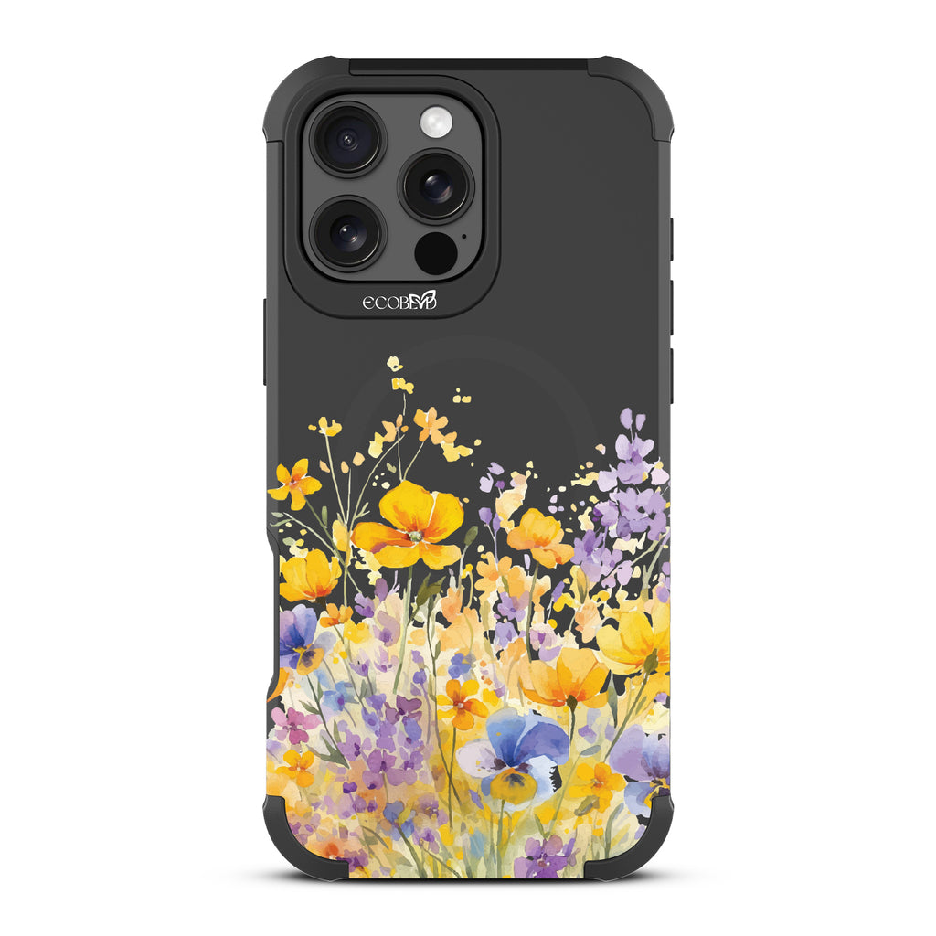 iPhone 16 Pro Max case, rugged, sustainable phone case in black, back view, Meadowlight design