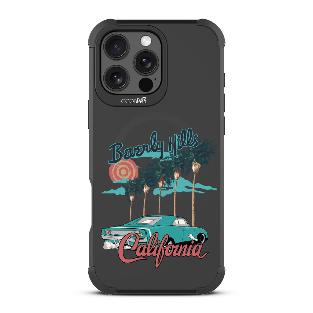 iPhone 16 Pro Max case, rugged, sustainable phone case in black, back view, 90210 design
