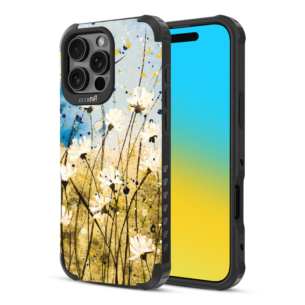 iPhone 16 Pro Max case, rugged, sustainable phone case in black, back view, Dandelion Dance design