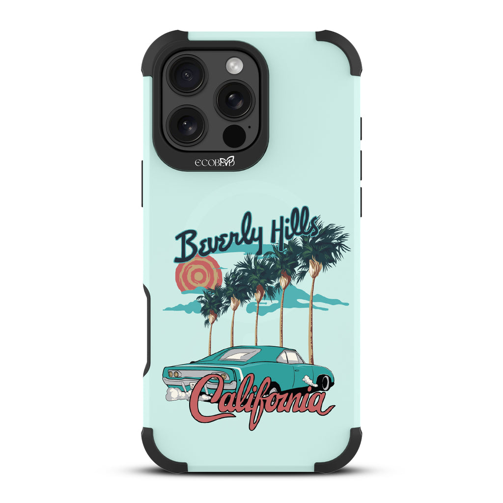 iPhone 16 Pro Max case, rugged, sustainable phone case in green, back view, 90210 design