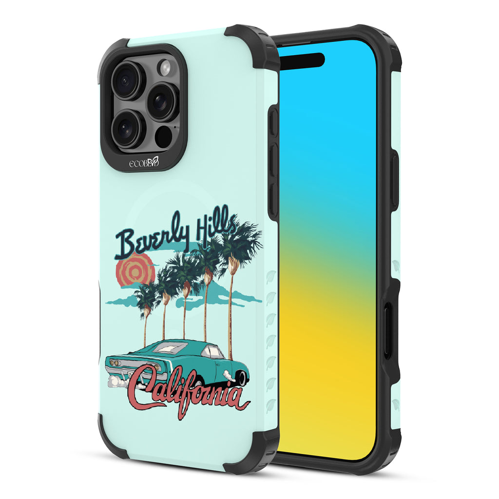 Front and back view of iPhone 16 case, rugged, sustainable phone case in green, 90210 design