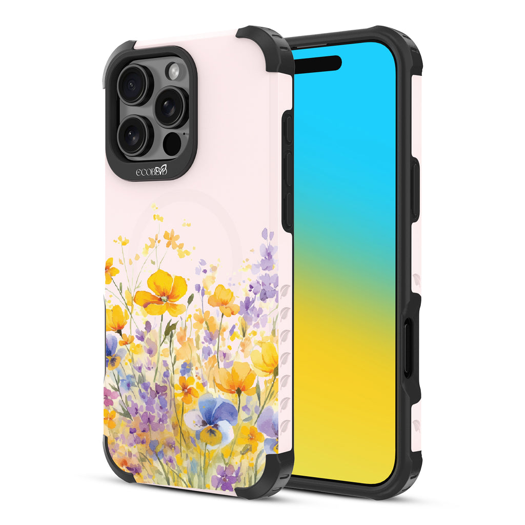 iPhone 16 Pro Max case, rugged, sustainable phone case in pink, back view, Meadowlight design