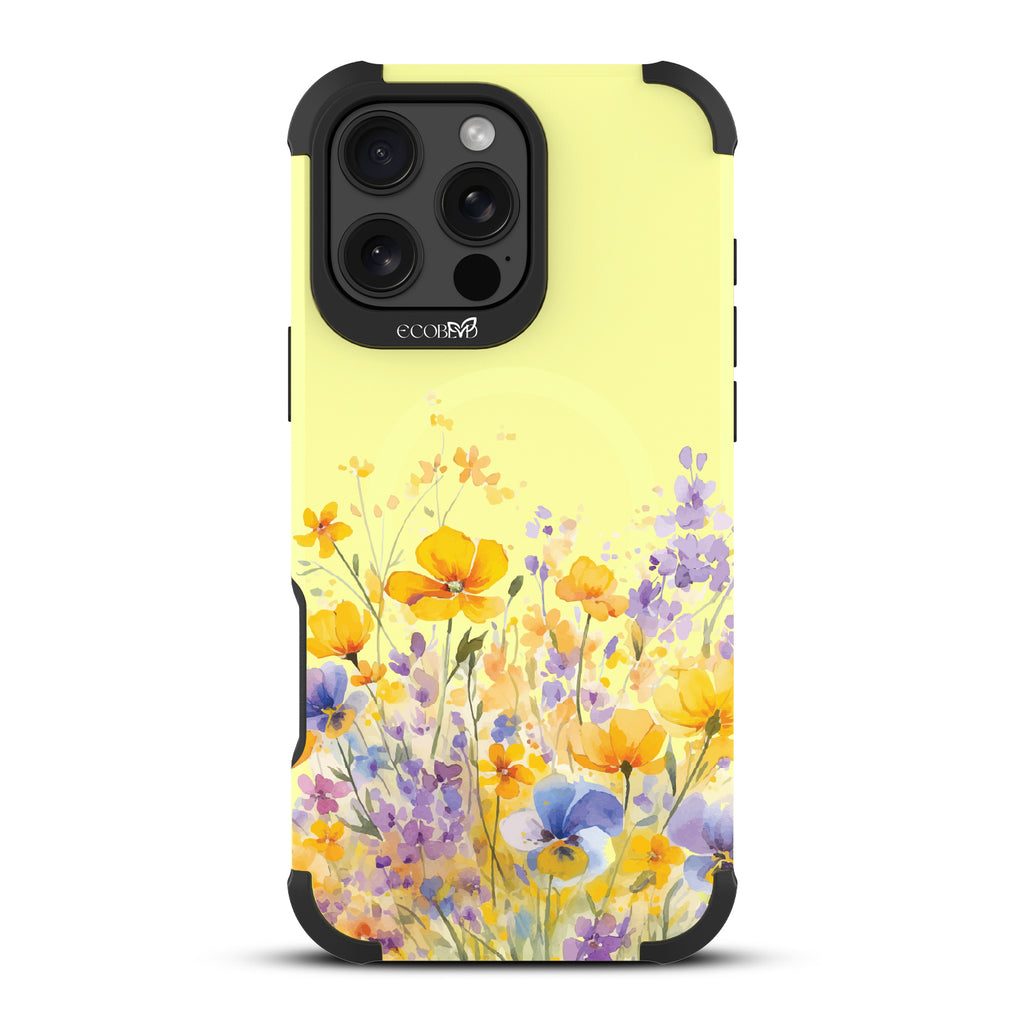 iPhone 16 Pro Max case, rugged, sustainable phone case in yellow, back view, Meadowlight design