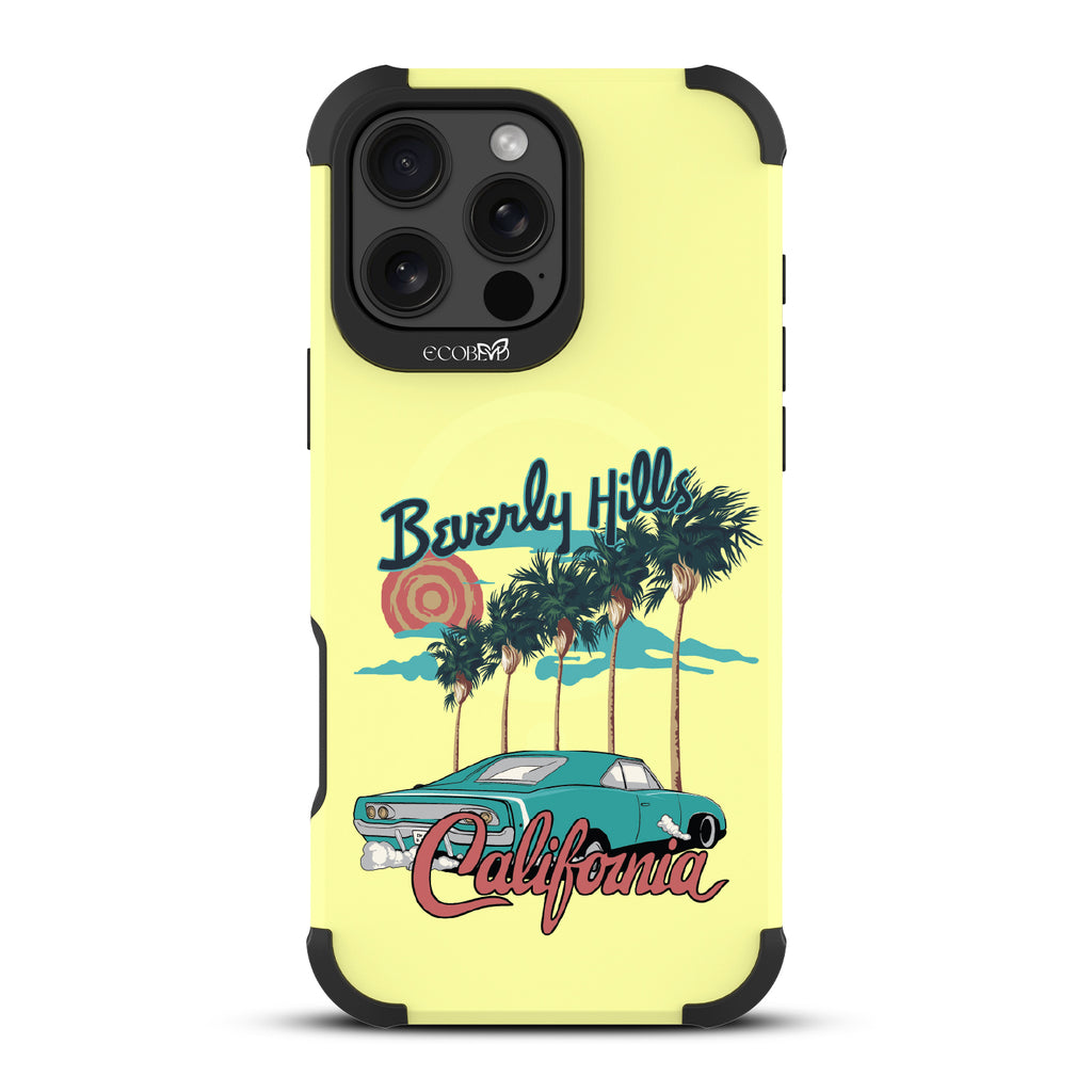 iPhone 16 Pro Max case, rugged, sustainable phone case in yellow back view, 90210 design
