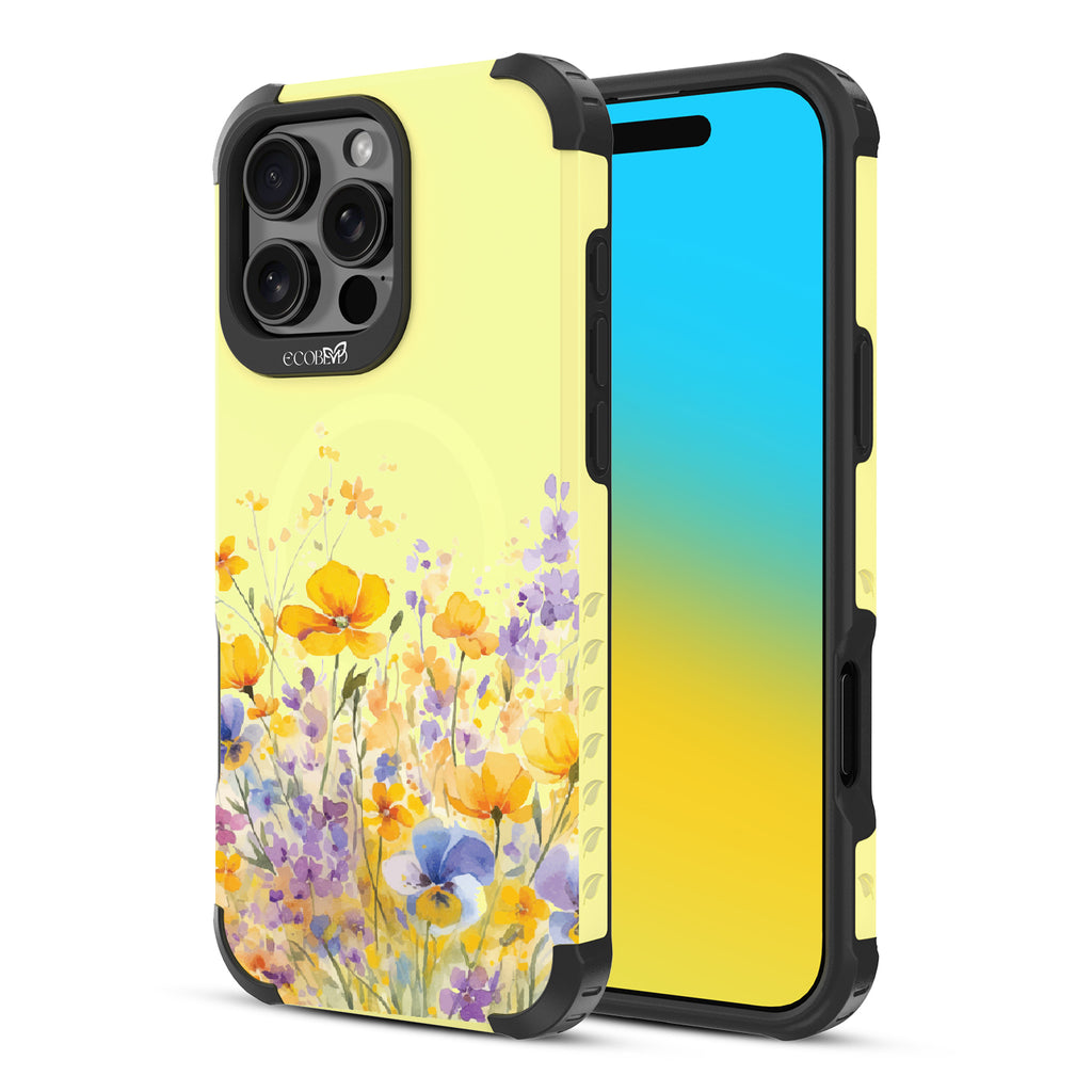 iPhone 16 Pro Max case, rugged, sustainable phone case in yellow, back view, Meadowlight design
