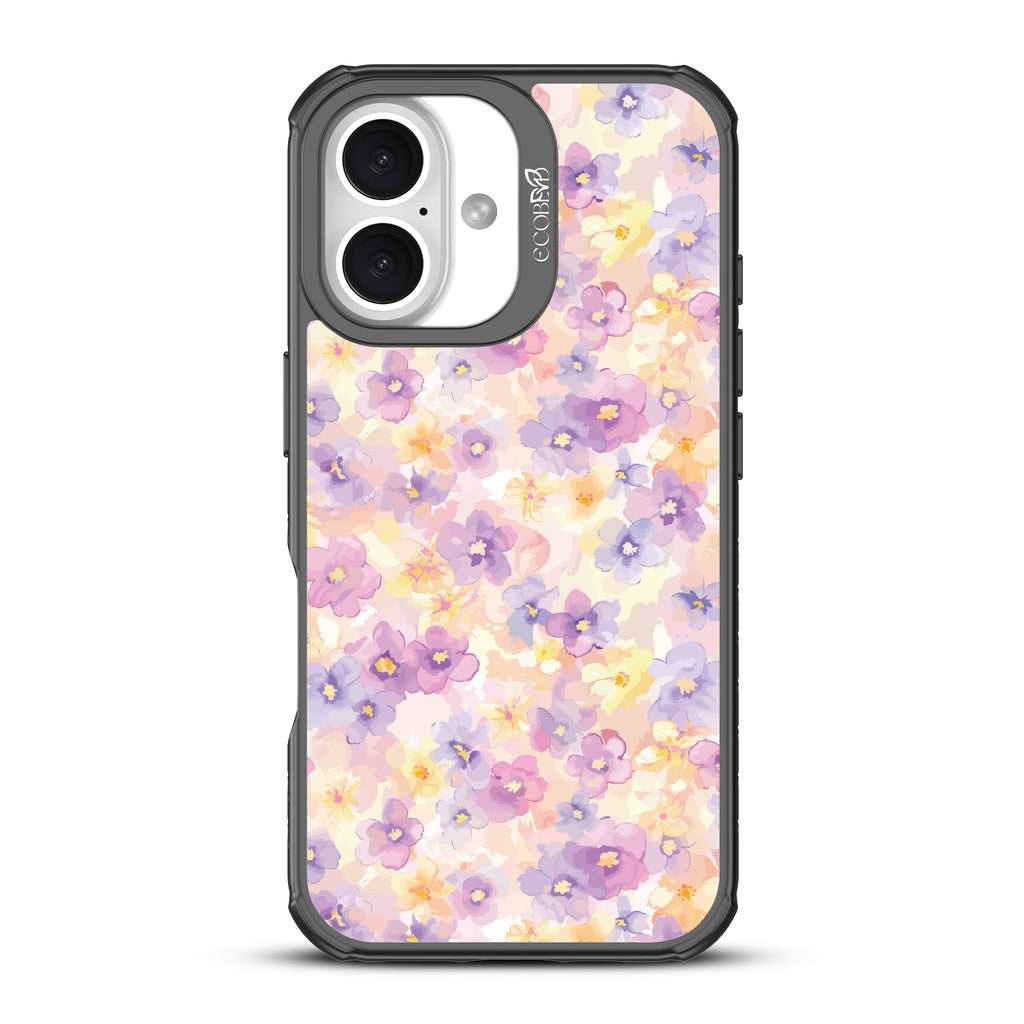 iPhone 16 case, clear, sustainable phone case with black ridges, back view, Flowering Thoughts design