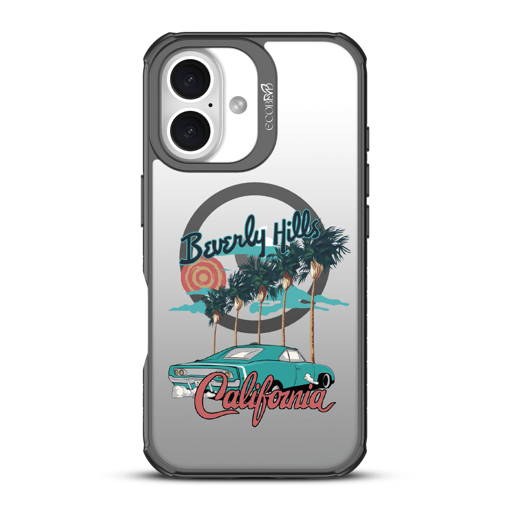 iPhone 16 case, clear, sustainable phone case with black ridges, back view, 90210 design