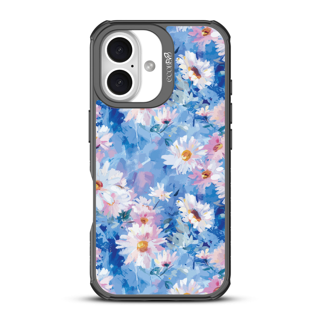 iPhone 16 case, clear, sustainable phone case with black ridges, back view, Blown Away design