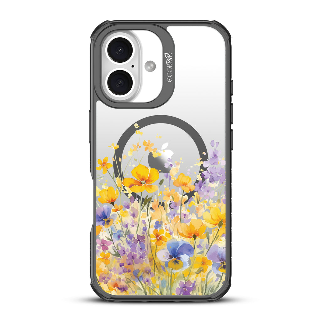 iPhone 16 case, clear, sustainable phone case with black ridges, back view, Meadowlight design