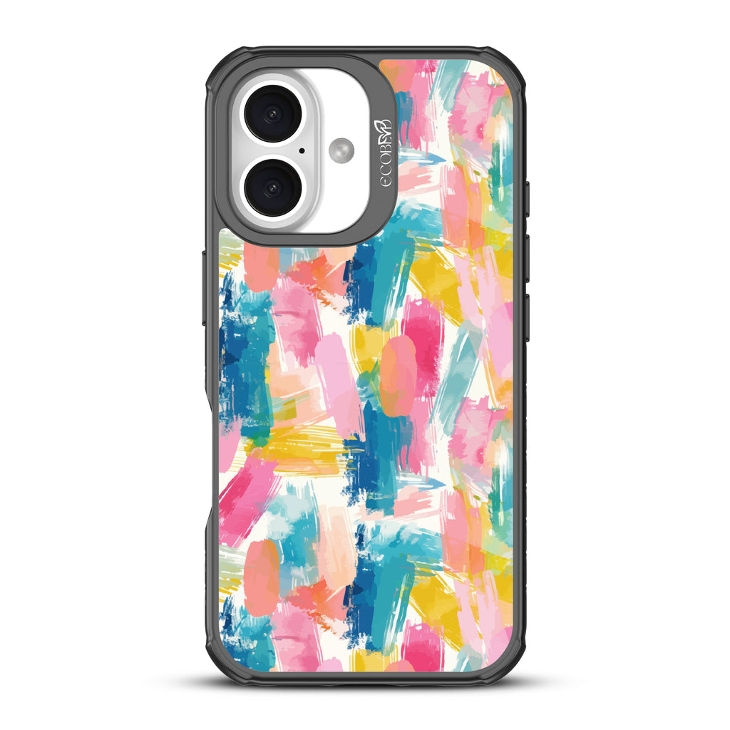 iPhone 16 case, clear, sustainable phone case with black ridges, back view, Blurred Beauty design