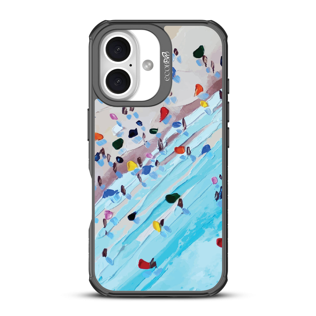 iPhone 16 case, clear, sustainable phone case with black ridges, back view, Waves of Color design