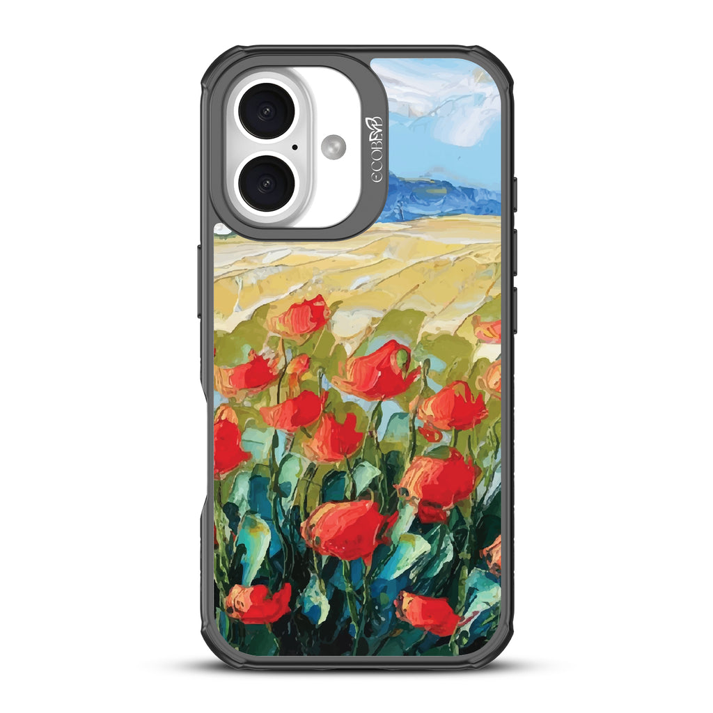 iPhone 16 case, clear, sustainable phone case with black ridges, back view, Sleepy Bloom design