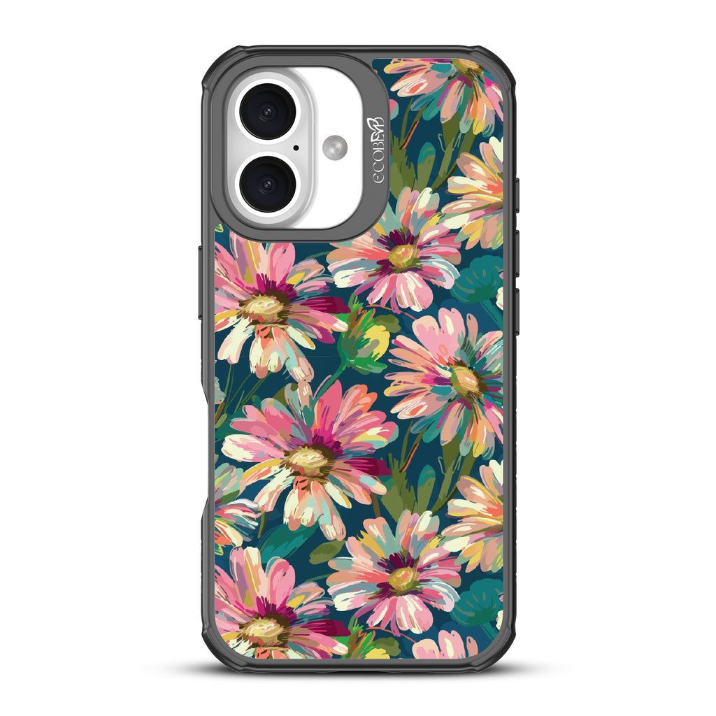 iPhone 16 case, clear, sustainable phone case with black ridges, back view, Dasiy Dusk design