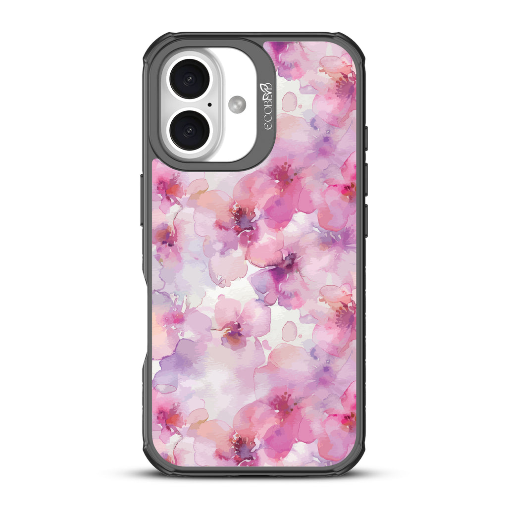 iPhone 16 case, clear, sustainable phone case with black ridges, back view, Rosewater design