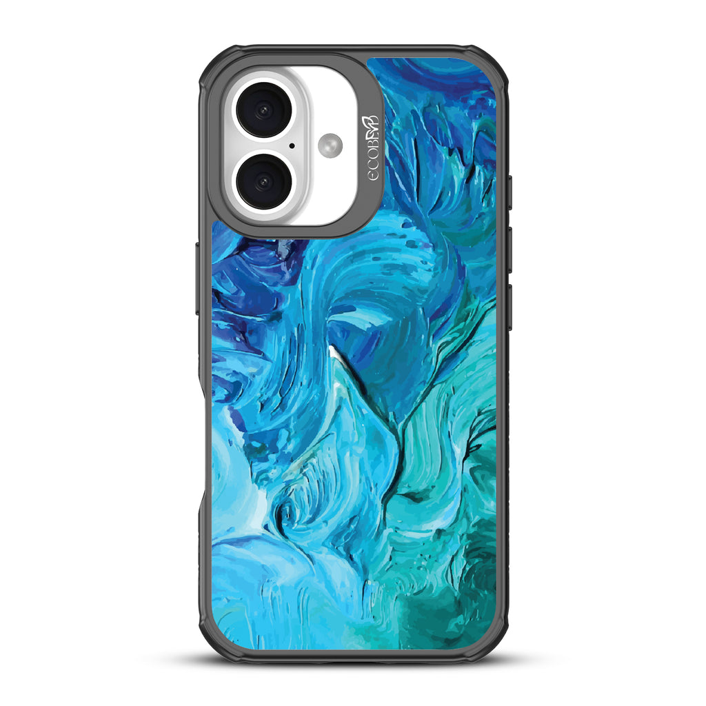 iPhone 16 case, clear, sustainable phone case with black ridges, back view, Oceanswept design