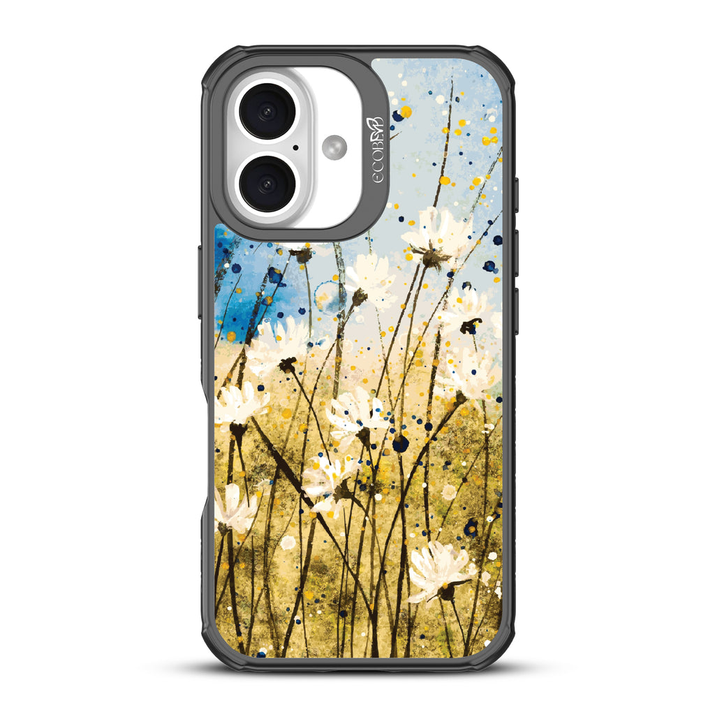 iPhone 16 case, clear, sustainable phone case with black ridges, back view, Dandelion Dance design