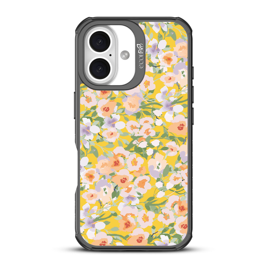 iPhone 16 case, clear, sustainable phone case with black ridges, back view, Flourish & Shine design