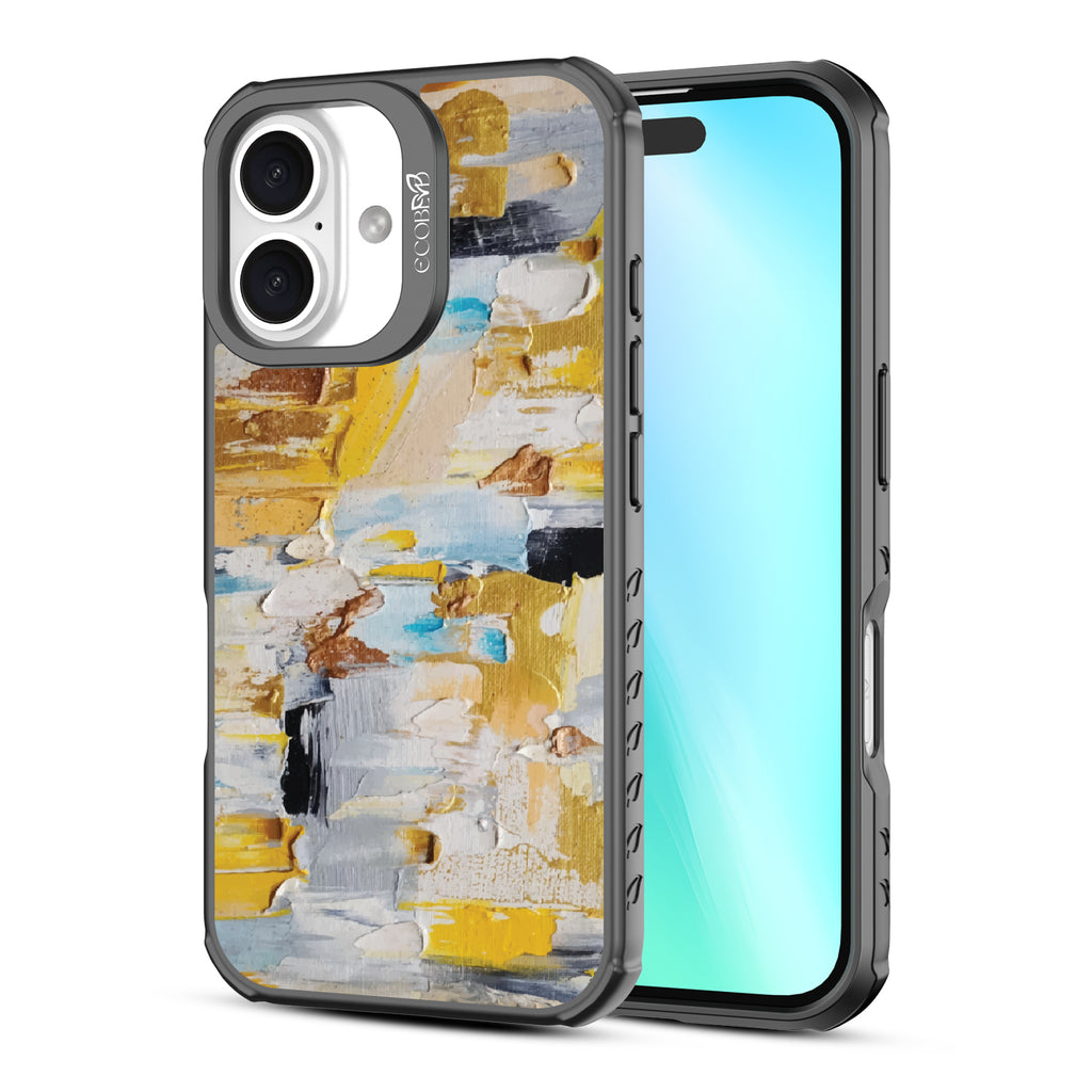 Front and back view of iPhone 16 case, clear, sustainable phone case with black ridges, Lighten Up design