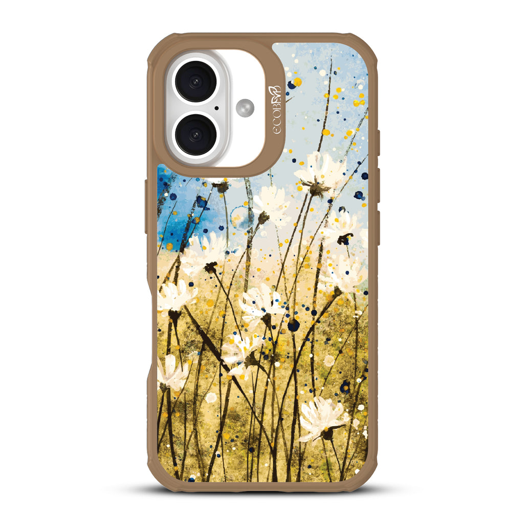 iPhone 16 case, clear, sustainable phone case with brown ridges, back view, Dandelion Dance design