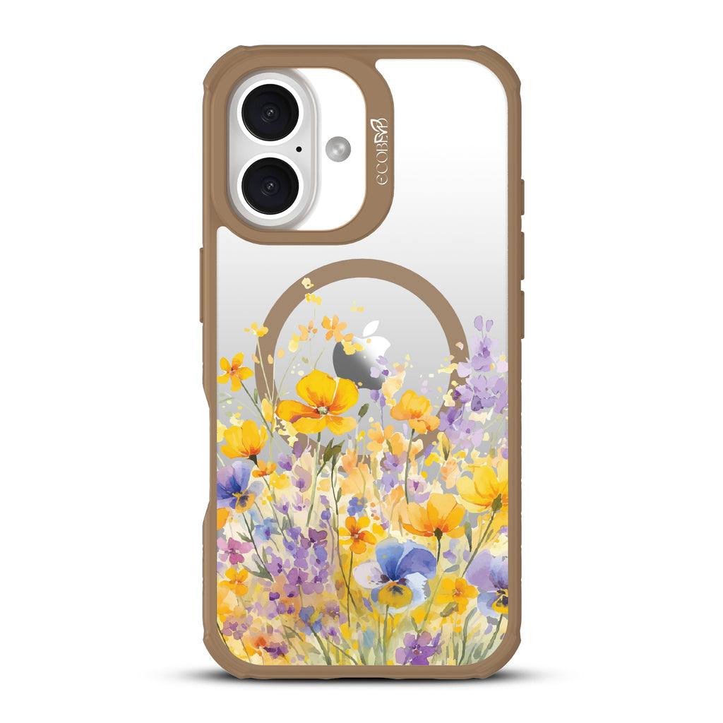 iPhone 16 case, clear, sustainable phone case with brown ridges, back view, Meadowlight design