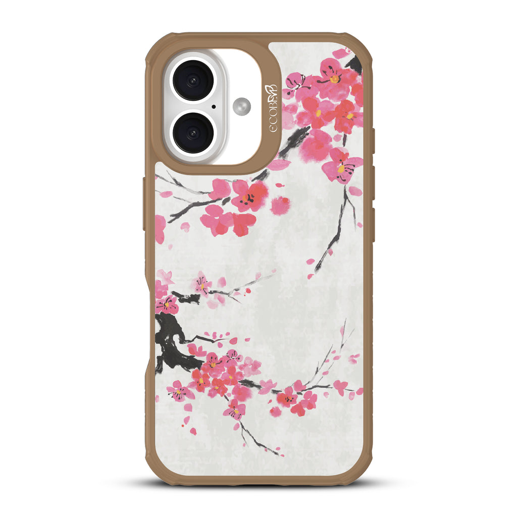 iPhone 16 case, clear, sustainable phone case with brown ridges, back view, Sakura Season design
