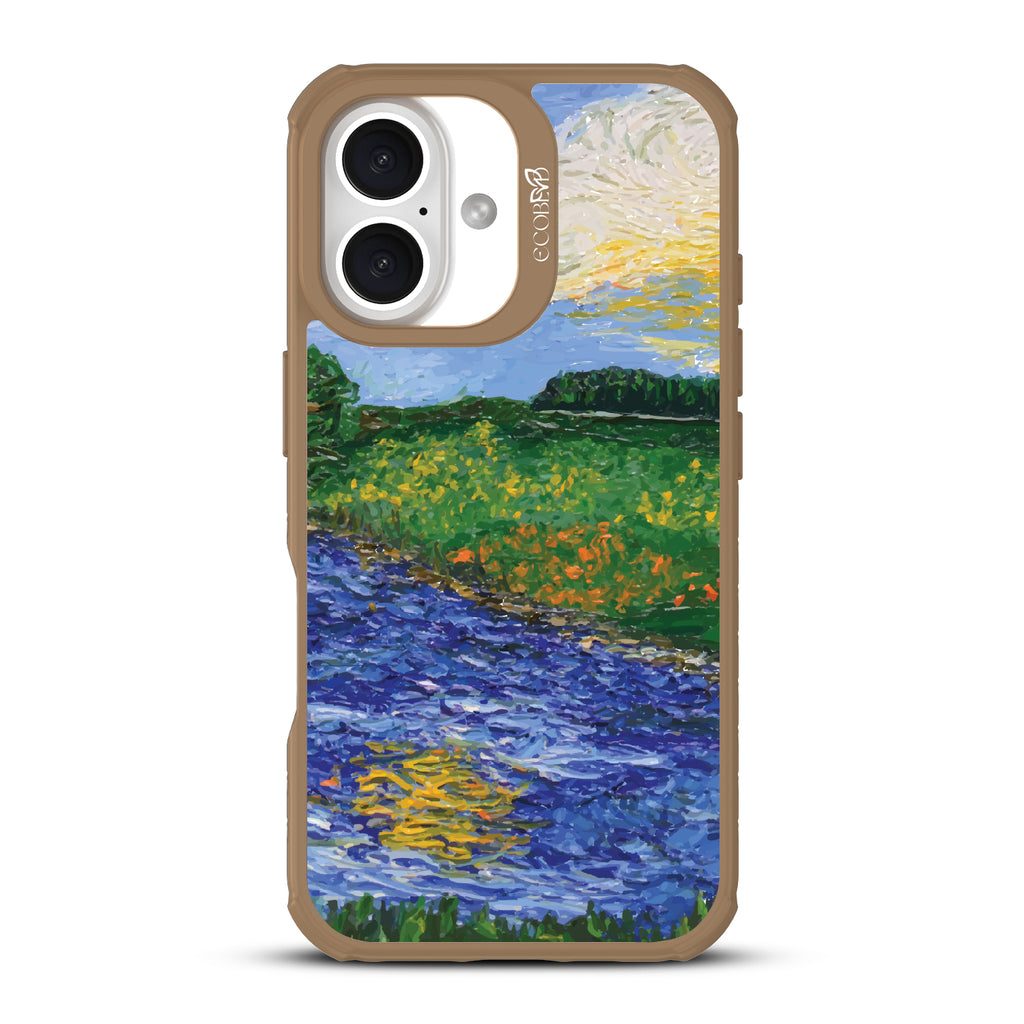 iPhone 16 case, clear, sustainable phone case with brown ridges, back view, Field of Vision design