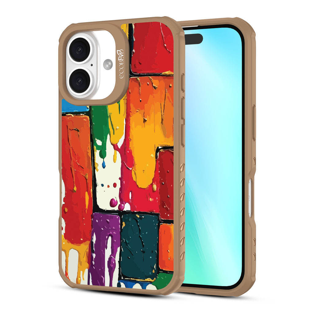 Front and back view of iPhone 16 case, clear, sustainable phone case with brown ridges, Color Me Mine design