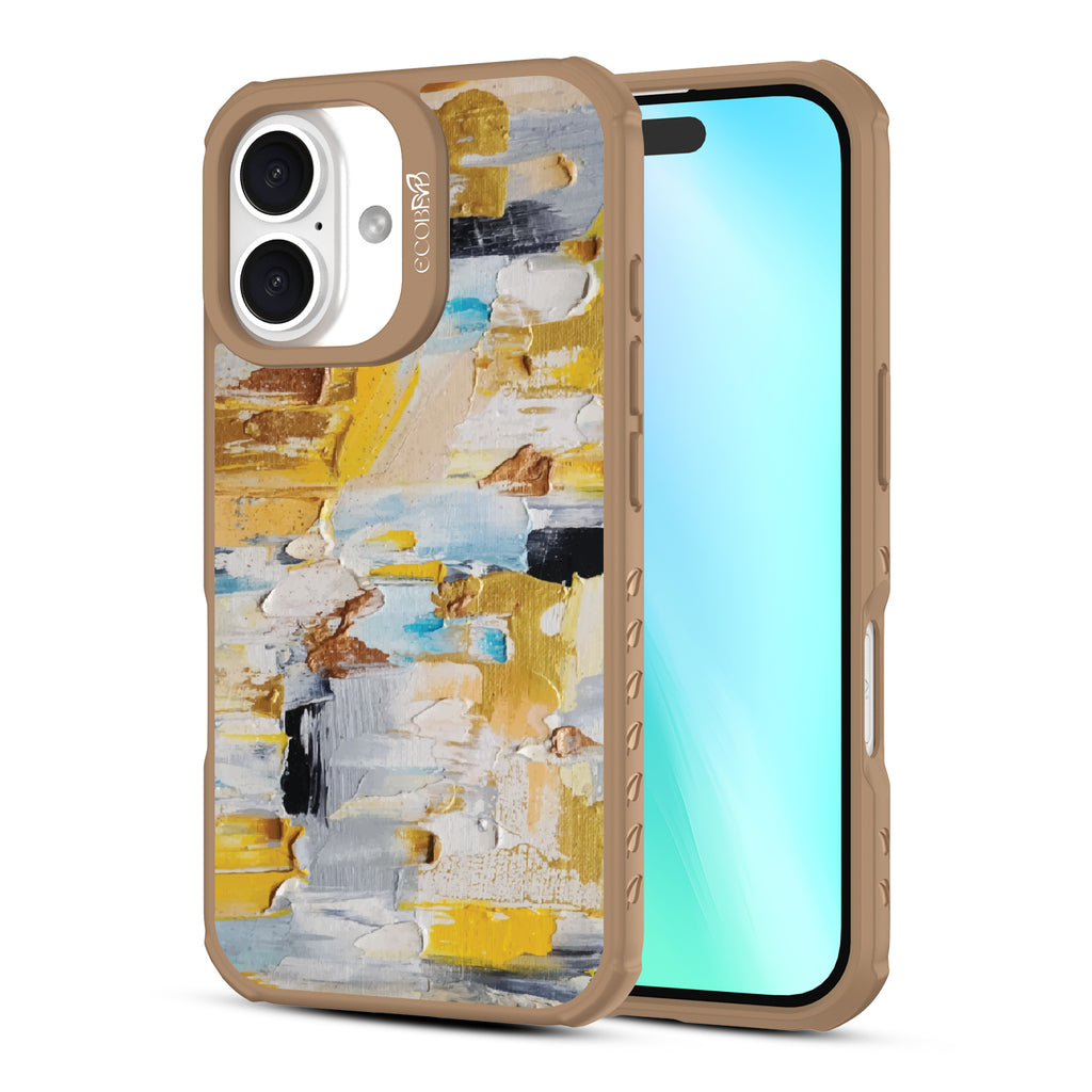 Front and back view of iPhone 16 case, clear, sustainable phone case with brown ridges, Lighten Up design