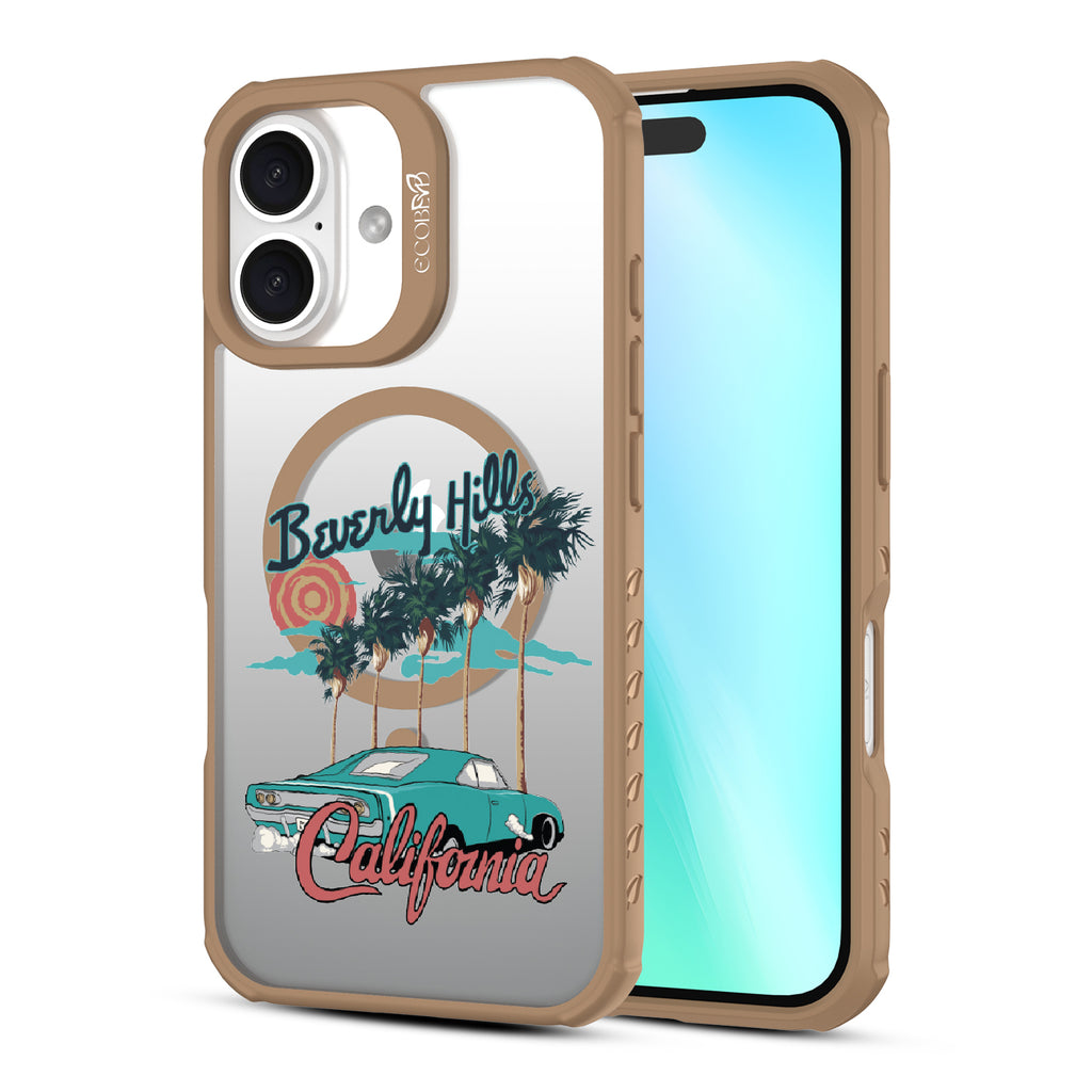 Front and back view of iPhone 16 case, clear, sustainable phone case with brown ridges, 90210 design