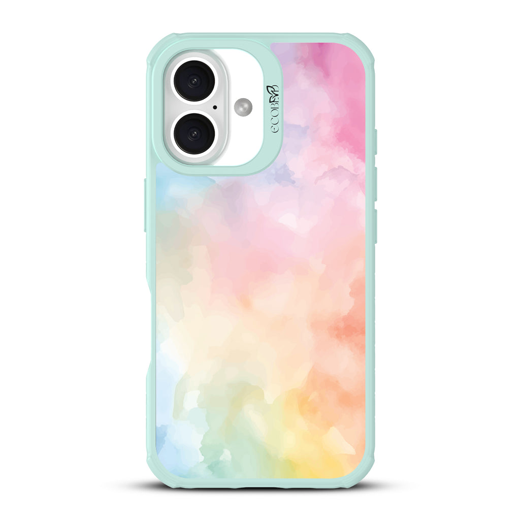 iPhone 16 case, clear, sustainable phone case with green ridges, back view, Painted Skies design