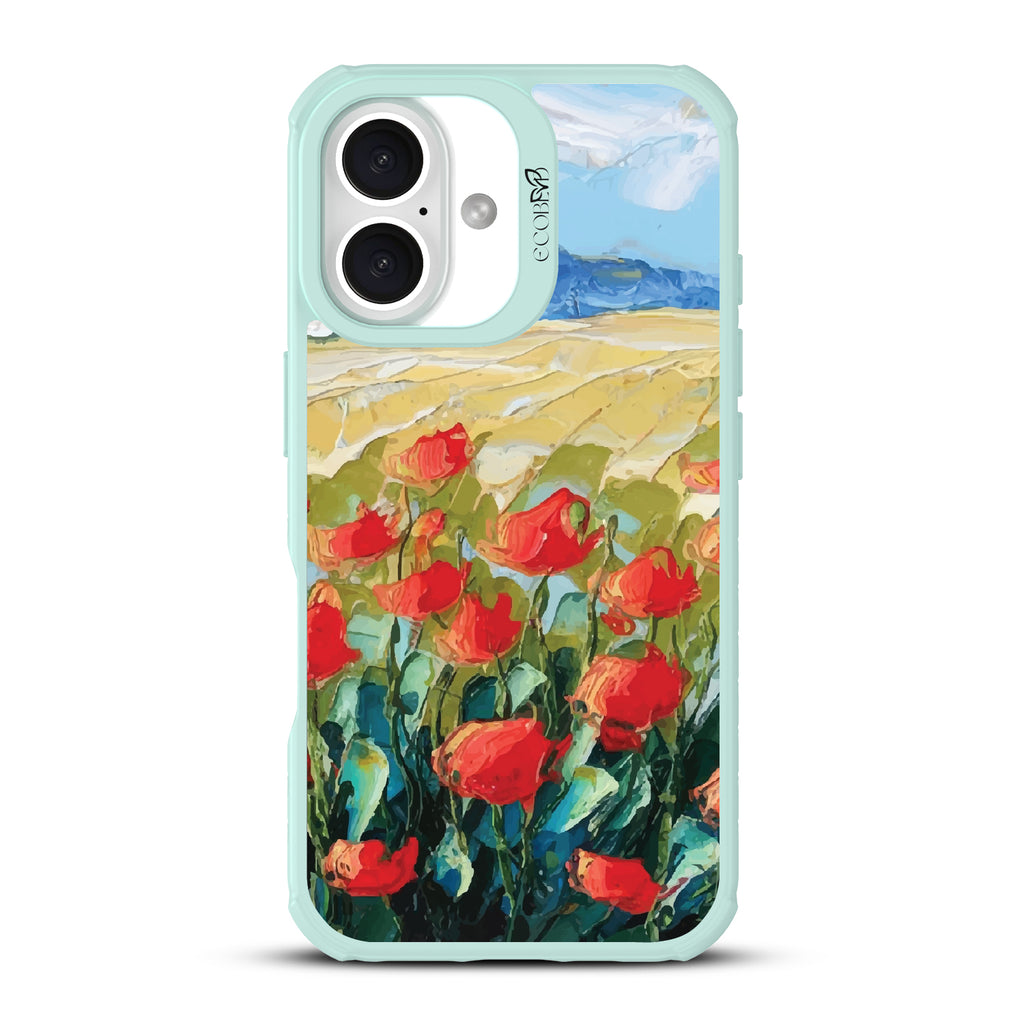 iPhone 16 case, clear, sustainable phone case with green ridges, back view, Sleepy Bloom design
