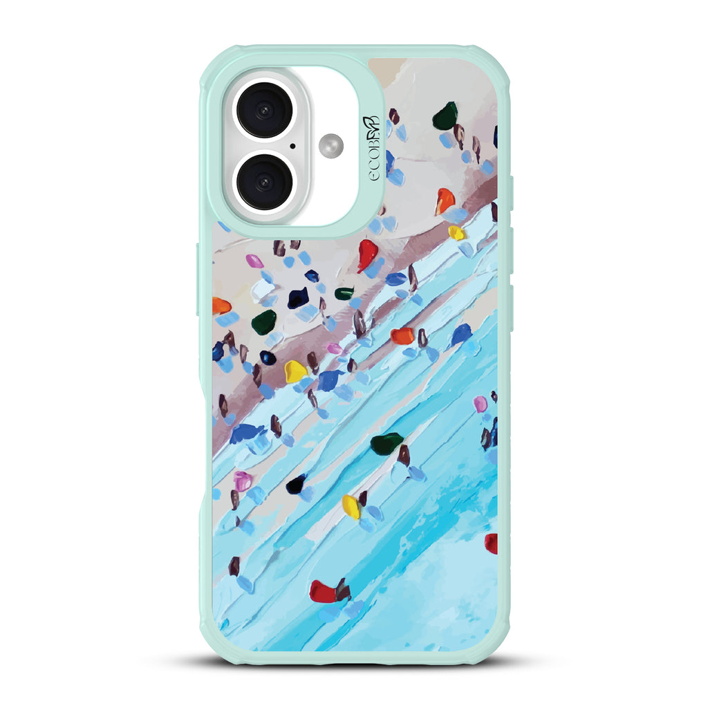 iPhone 16 case, clear, sustainable phone case with green ridges, back view, Waves of Color design