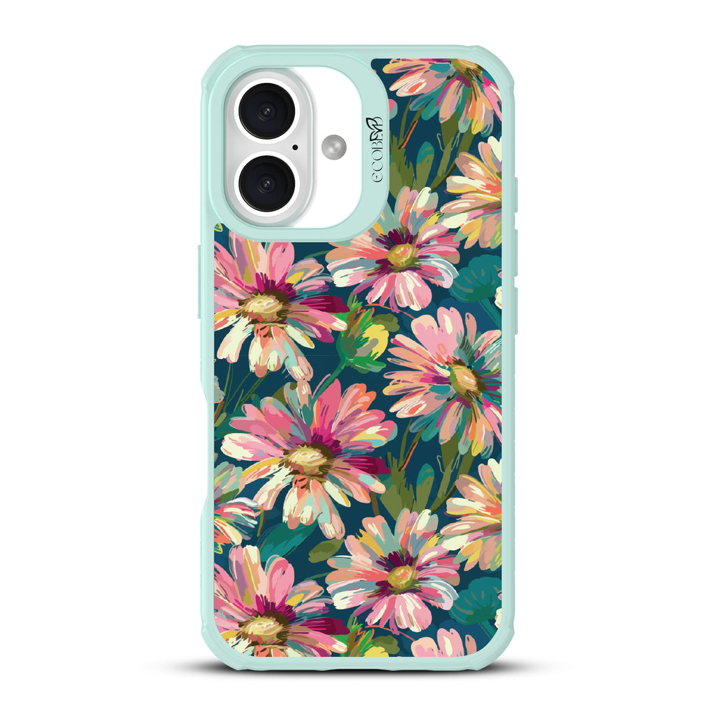 iPhone 16 case, clear, sustainable phone case with green ridges, back view, Dasiy Dusk design