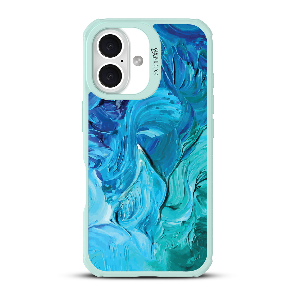 iPhone 16 case, clear, sustainable phone case with green ridges, back view, Oceanswept design