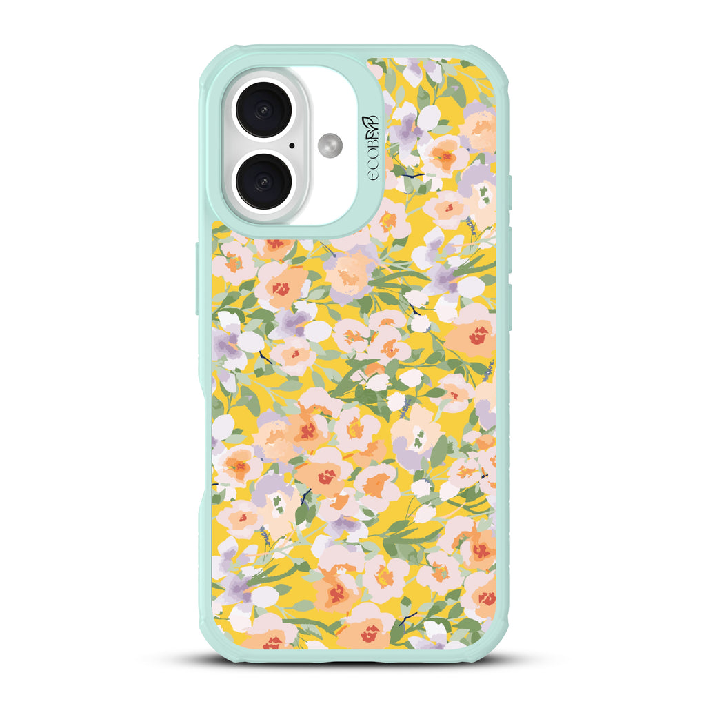 iPhone 16 case, clear, sustainable phone case with green ridges, back view, Flourish & Shine design