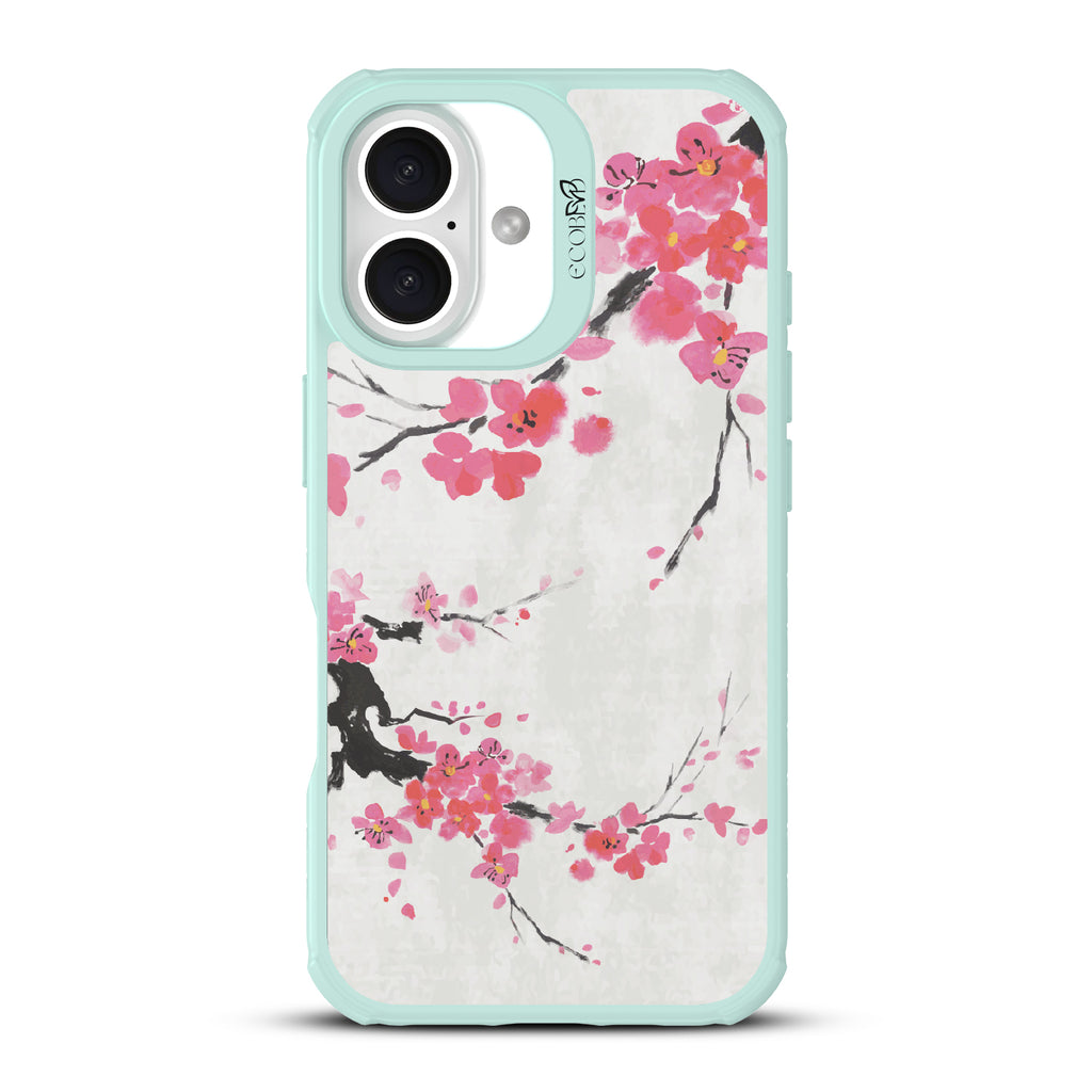 iPhone 16 case, clear, sustainable phone case with green ridges, back view, Sakura Season design