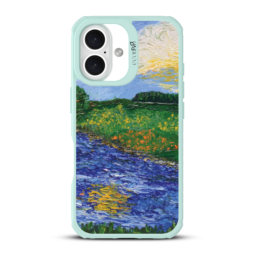 iPhone 16 case, clear, sustainable phone case with green ridges, back view, Field of Vision design