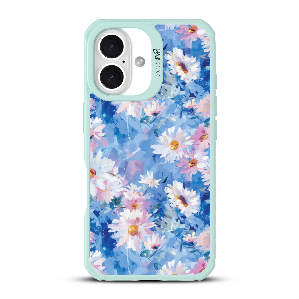 iPhone 16 case, clear, sustainable phone case with green ridges, back view, Blown Away design