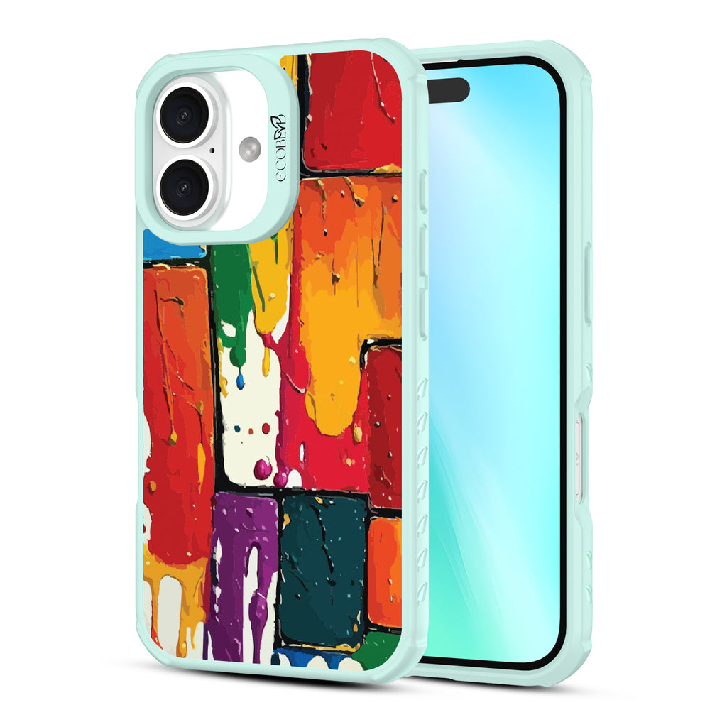 Front and back view of iPhone 16 case, clear, sustainable phone case with green ridges, Color Me Mine design